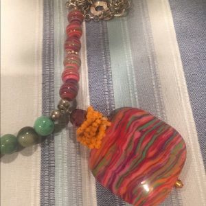 polished  stone , sterling necklace w seed beads